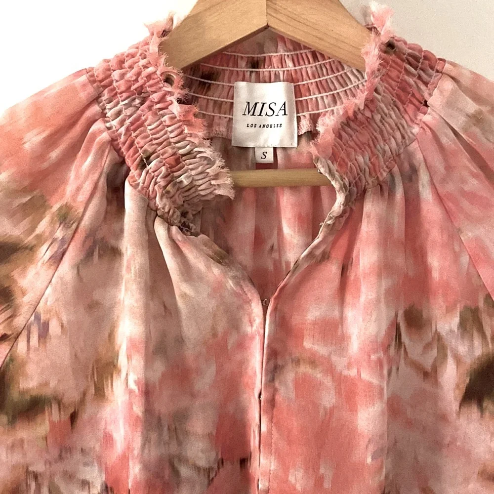 Misa Los Angeles Pink Long Sleeve Ruffled Blouse with Mandarin Collar - Picture 2 of 7